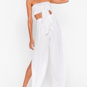 Crinkle Slit Wide Leg Cover Up Pants with Crinkle Tie Bandeau Cover Up Top
